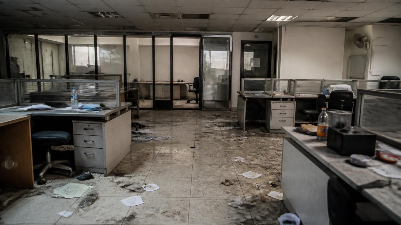 Office before commercial cleaning — grimy floors and dusty desks