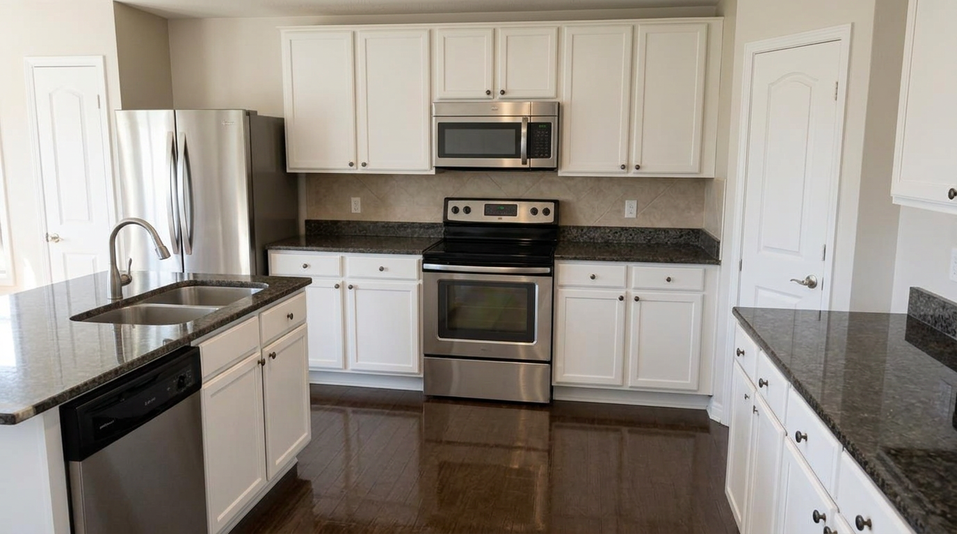 Kitchen after cleaning — clear counters and polished appliances