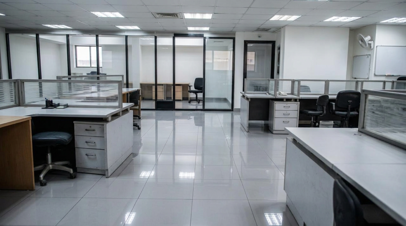 Office after commercial cleaning — gleaming floors and spotless desks