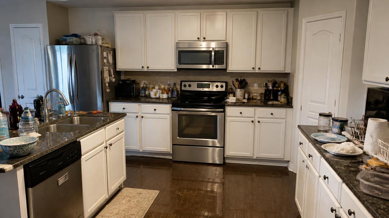 Kitchen before cleaning — cluttered counters and greasy stovetop
