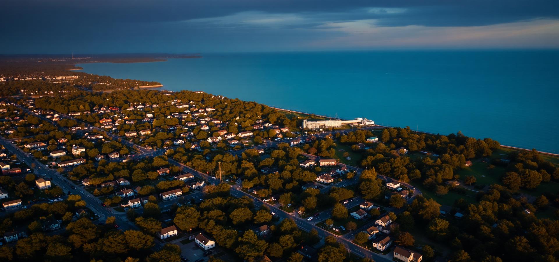 Aerial view of a Long Island coastal town