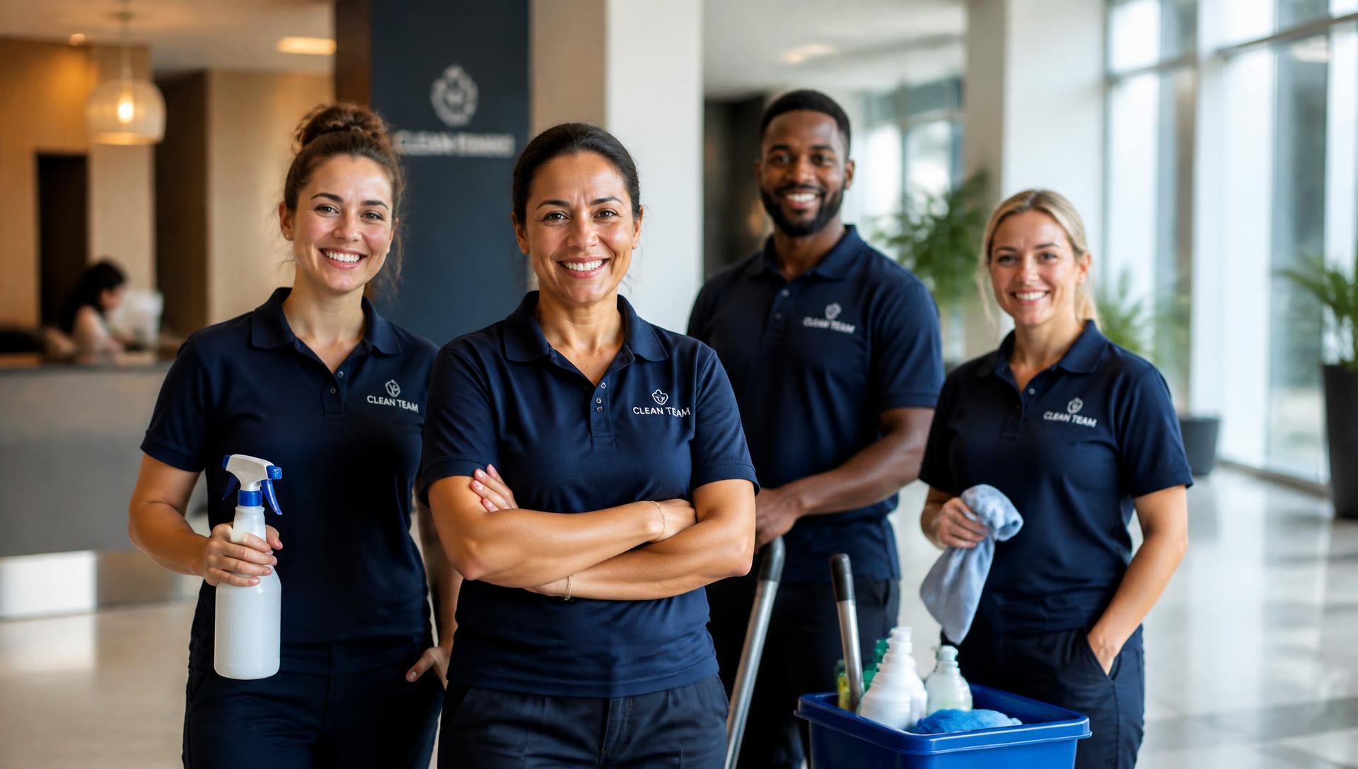 Beyond Clean Solutions cleaning crew in a modern office lobby